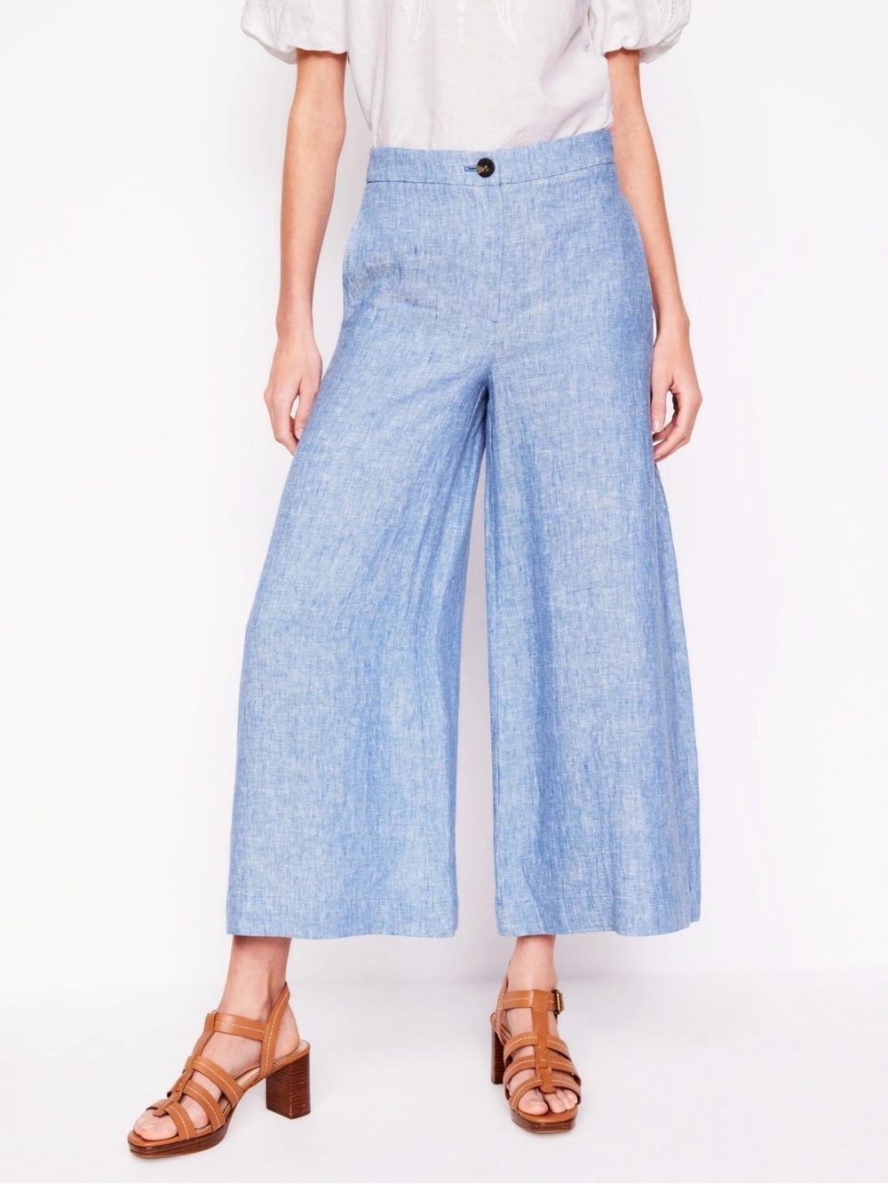 Boden Wide Leg Cropped Linen Trousers Pants Blue Chambray Size 12